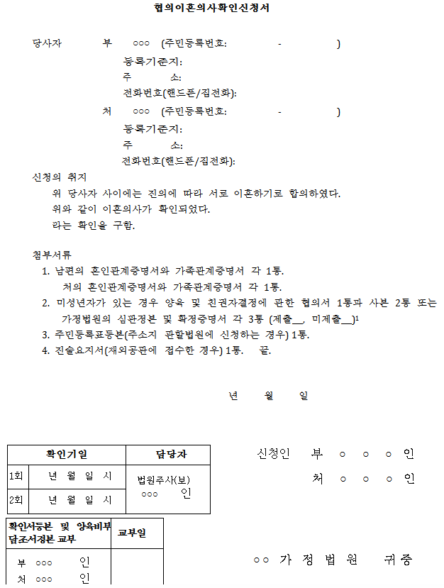 협의이혼 서류 신청서 사진
