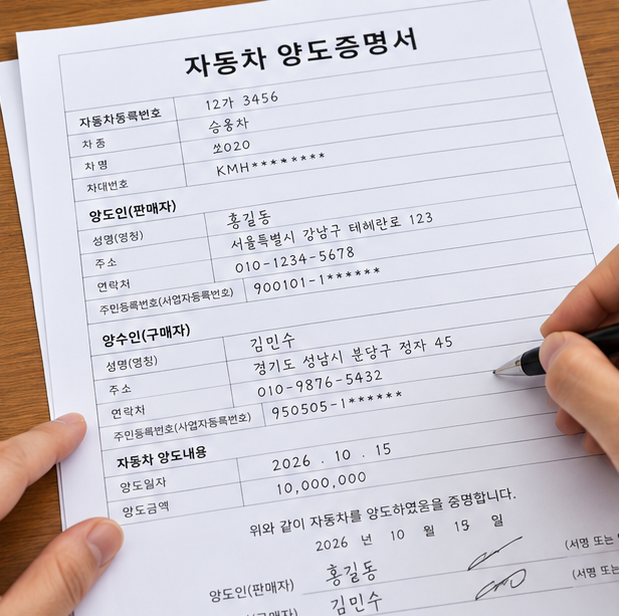 자도차 양도증명서 서식 온라인 다운 및 작성 예시 방법 보기 4 자동차 양도증명서 작성 예시